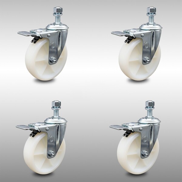 5 Inch SS Nylon Wheel Swivel 12mm Threaded Stem Caster Set Total Lock Brake